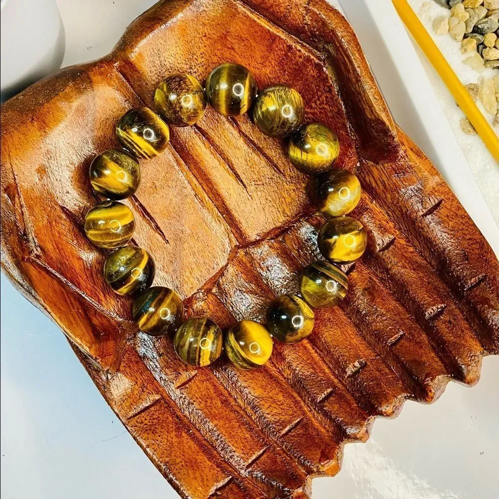 Natural Yellow Tiger's Eye Large Bead Gemstone Bracelet 14mm